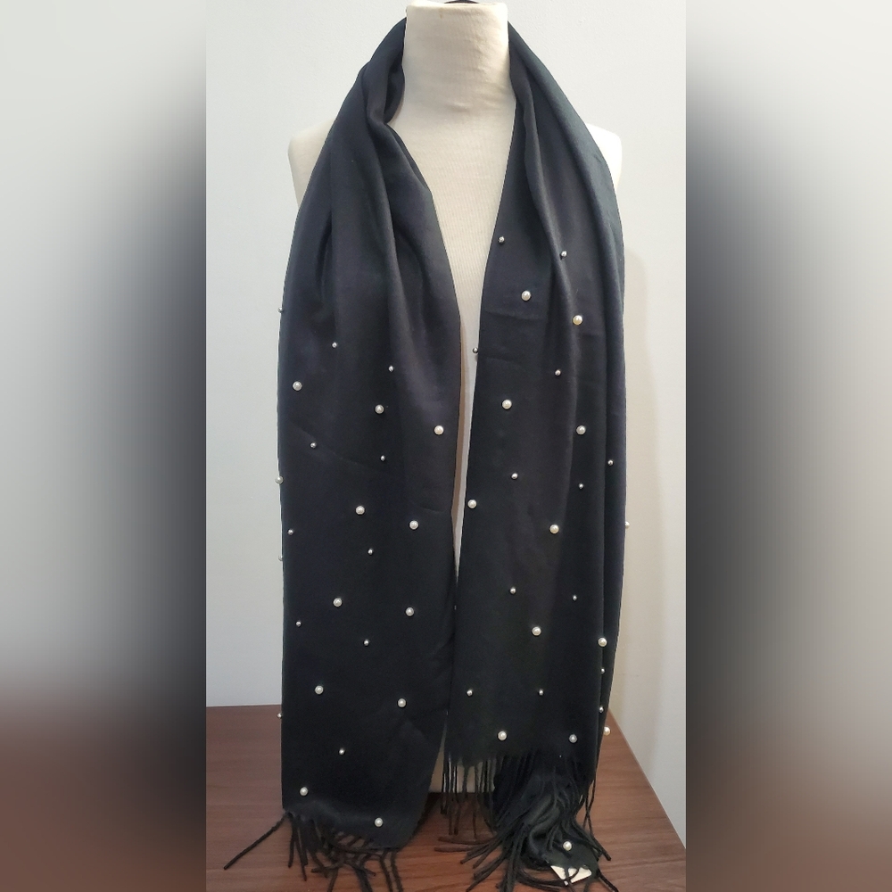 Chic Black Scarf with Pearl Accents